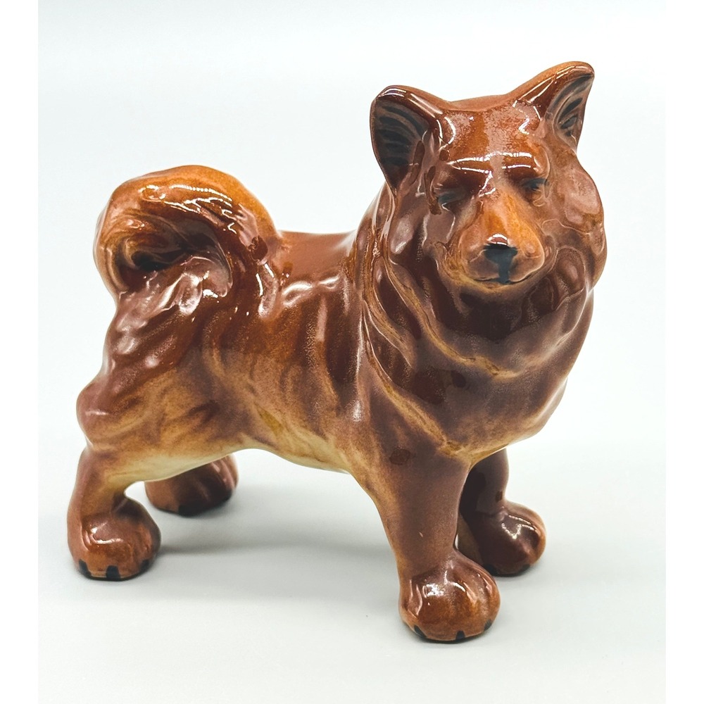Chow Chow Brown Gloss Ceramic Dog Figurine Akita Spitz 4.5" Japan Mid Century